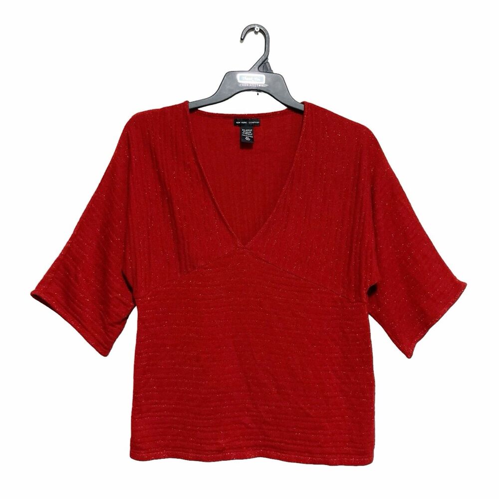 New York & Company Sweater Womens Size XL Red Sparkle 3/4 Wide Sleeve V-Neck